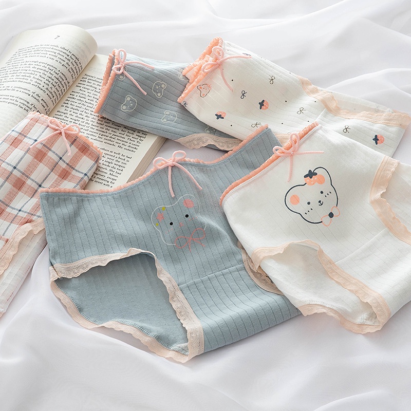 Cute Bear Pattern Women Underpants Cozy Cotton Crotch Summer Cool Students Underwear Girls Mid-Waist Briefs