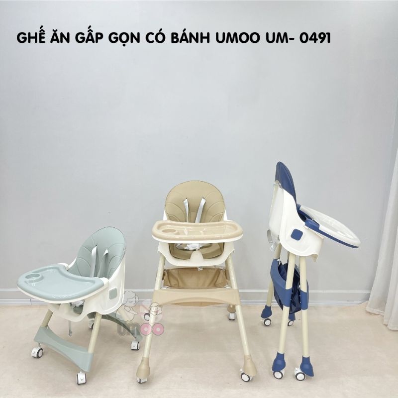 Ghế Ăn Dặm Umoo Mẫu Mới Có Bánh Xe Và Gấp Gọn - Đủ Màu Xanh Navy, Xanh Mint, Hồng, Kem