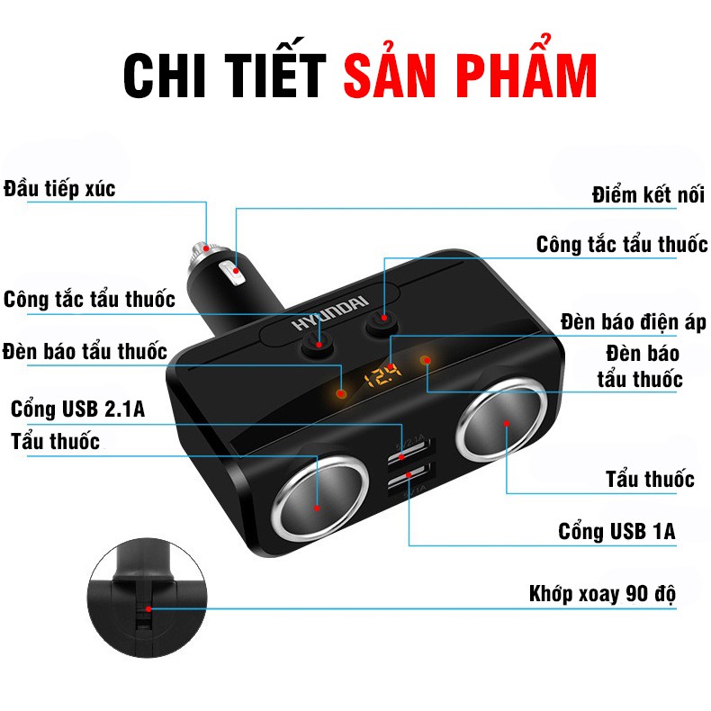 Tẩu sạc ô tô Hyundai tẩu sạc xe hơi có đèn led báo điện áp dùng được cho mọi loại xe