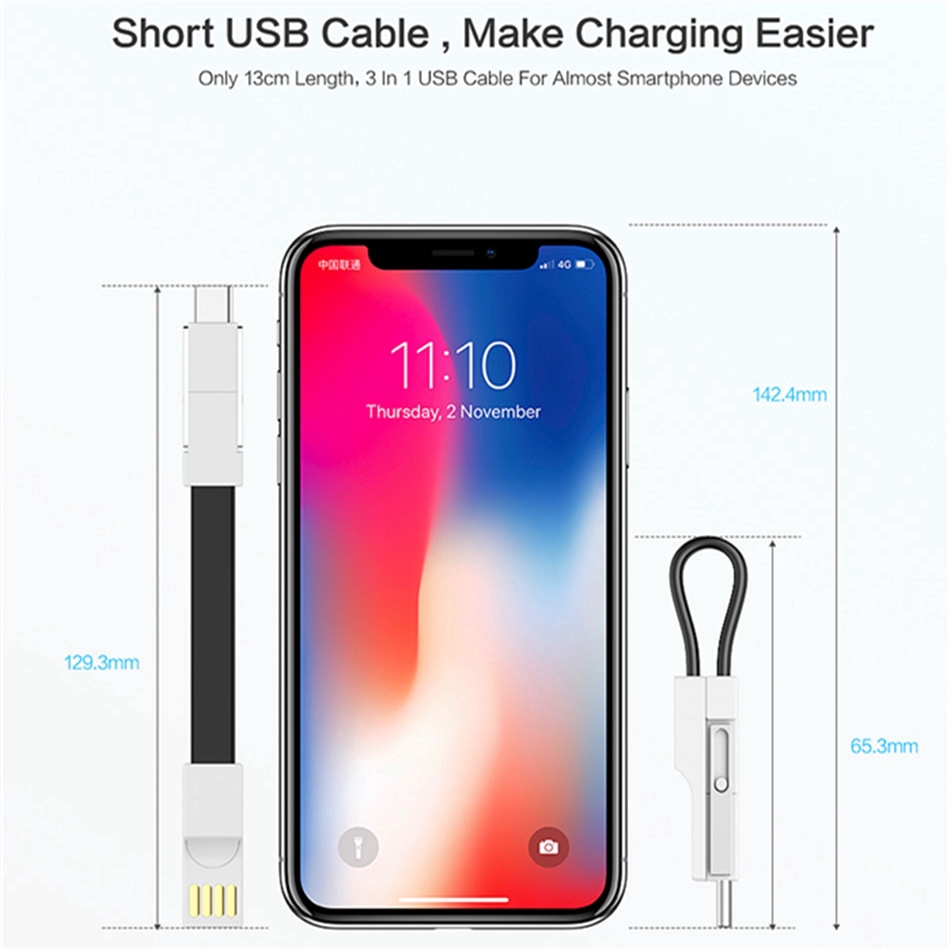 Móc khóa cáp USB Type C / Micro USB / 3 trong 1 mini