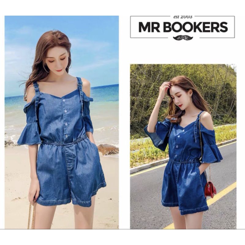 jumtsuit quần short, trễ vai 2 dây có tông đơ chỉnh độ dài, ống tay loe phối bèo, eo thun , 2 túi Lh0917399527