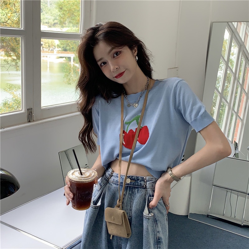 Áo thun ZHELIHANGFEI dệt kim lụa băng in họa tiết cherry phong cách đường phố ngọt ngào