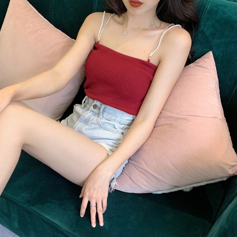 Áo len hai dây màu trơn đính hạt ngọc trai