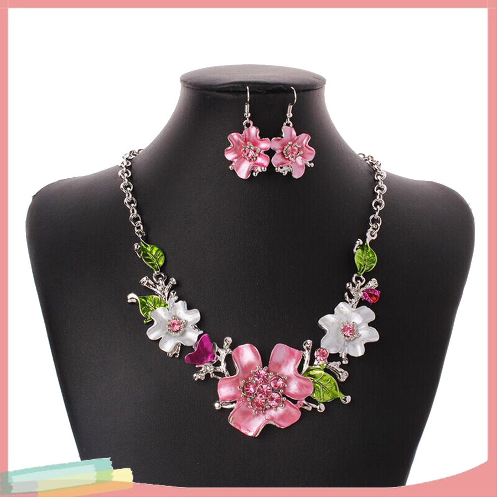 Bộ Vòng cổ + Đôi Khuyên Tai Mặt Hoa Đính Đá Nhiều Màu Thời Trang Cho Nữ