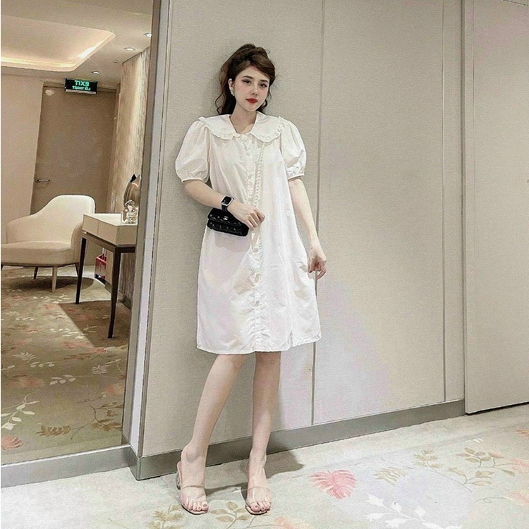 Đầm dài công sở cổ bèo váy ngắn tay dáng suông chất đũi lụa | BigBuy360 - bigbuy360.vn