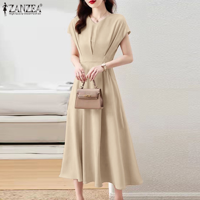 Đầm ZANZEA dáng dài tay ngắn cổ chữ V màu trơn thời trang cho nữ