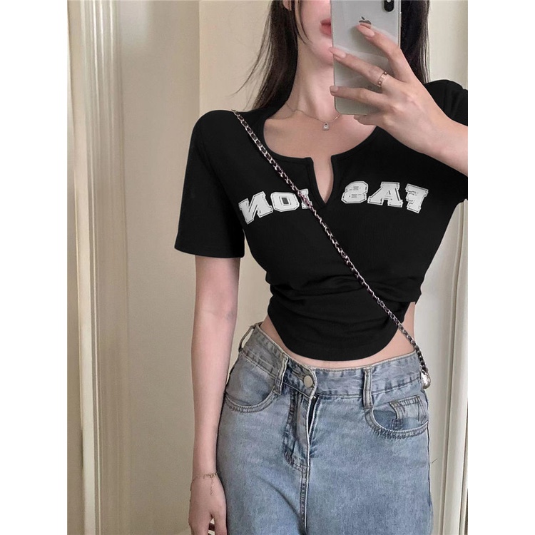 Áo Thun Cổ Chữ V In Chữ Plus Size Thời Trang Mùa Hè Hàn Quốc