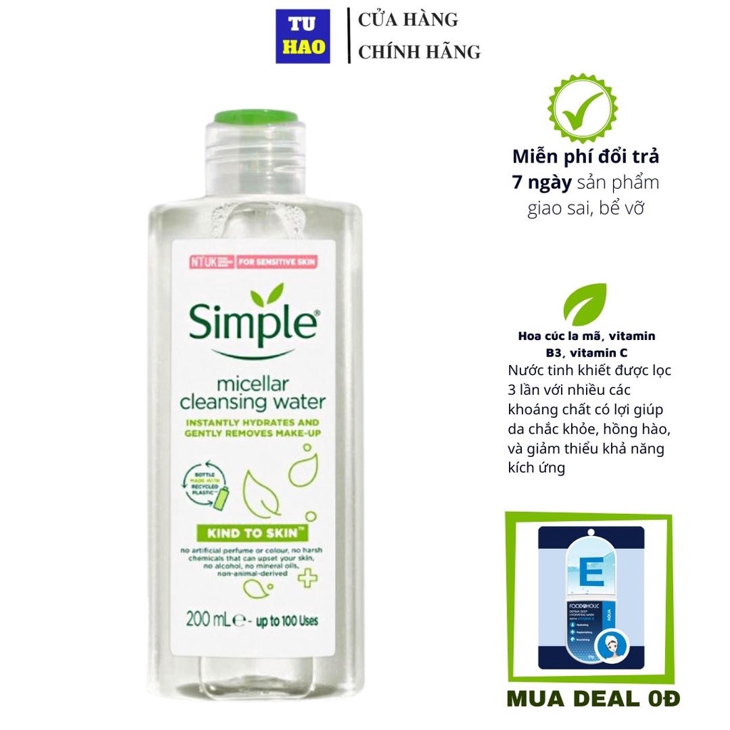 Nước Tẩy Trang Simple Dịu Nhẹ Kind To Skin Micellar Water 200ml - Từ Hảo