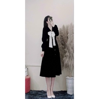 ĐẦM MIDI ĐEN PHỐI NƠ CỔ