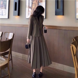 Set áo vest + chân váy xoè xếp li dáng dài Ulzzang basic siêu xinh ❤️