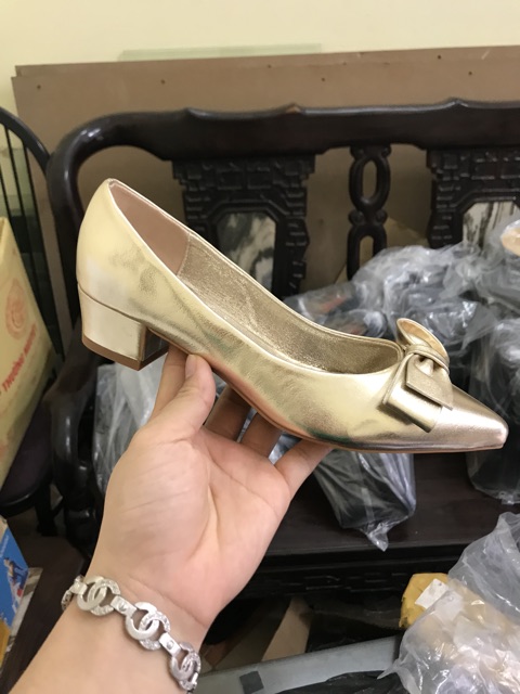 Giày Cao Gót Đính Nơ Da Thật Đế 4cm