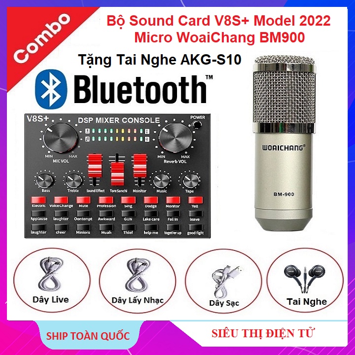 ComBo Sound Card V8S+ Và Micro Bm 900, Tặng Tai Nghe AKG-S10 Chuyên Hát - Karaoke Livestream - Thu âm - Bán Hàng Online