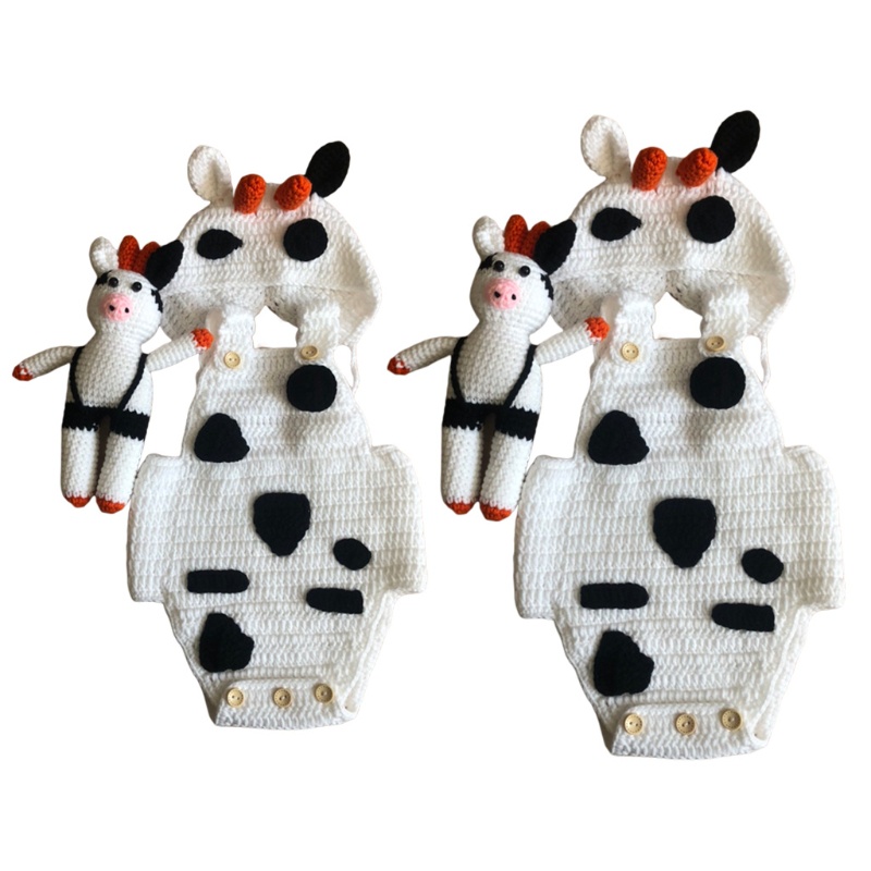 Bộ 3 Món Áo Liền Quần Dệt Kim Thủ Công Đính Nút + Mũ Beanie Hình Bò Sữa Làm Đạo Cụ Chụp Ảnh