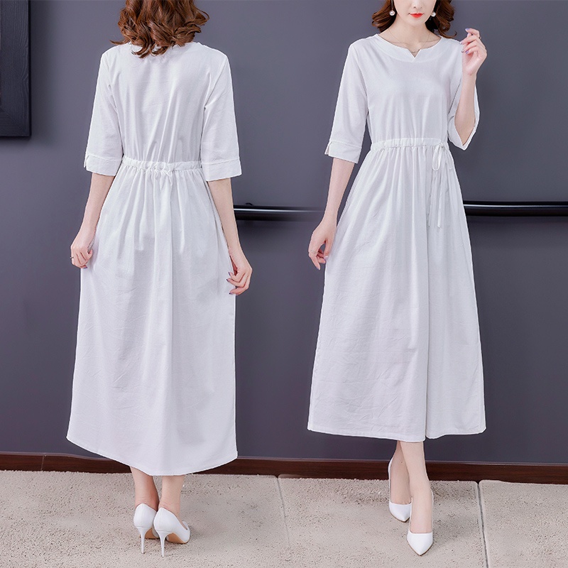 Đầm nữ dáng dài form rộng - Váy suông dài trơn, thắt eo vintage