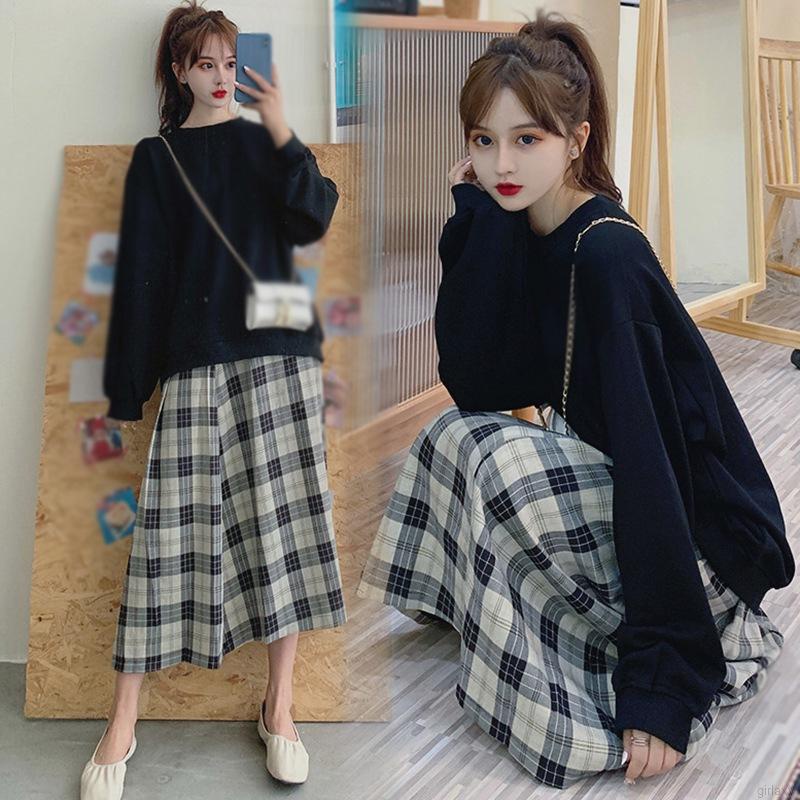 Chân váy chữ A maxi eo cao họa tiết caro dáng rộng phong cách Hàn Quốc retro dành cho nữ