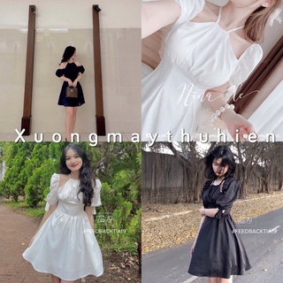 Váy xòe cổ yếm tay bồng thắt nơ ôm eo mặc tôn dáng/ Đầm tiểu thư dự tiệc 2 màu sang chảnh phong cách ulzzang