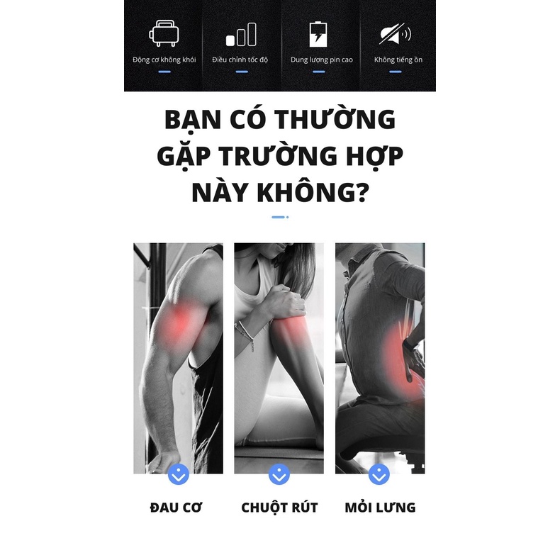 Súng massage cầm tay Fascial Gun, công suất 135W, dung lượng pin 2500mAh, gồm 4 đầu massage và 6 chế độ massage