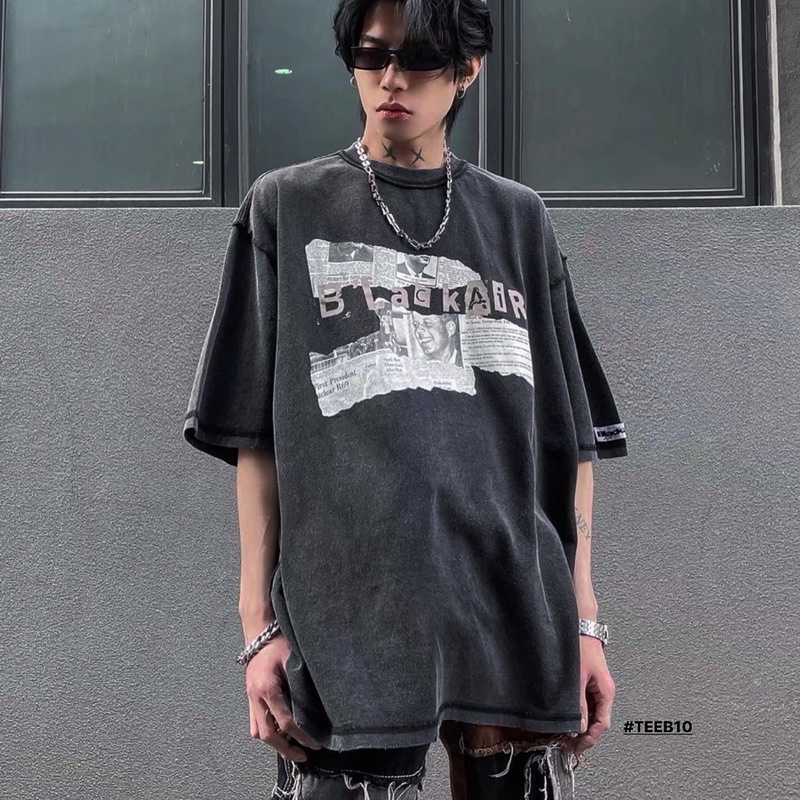 Áo phông denim wash Blackair chính hãng họa tiết tờ báo form rộng