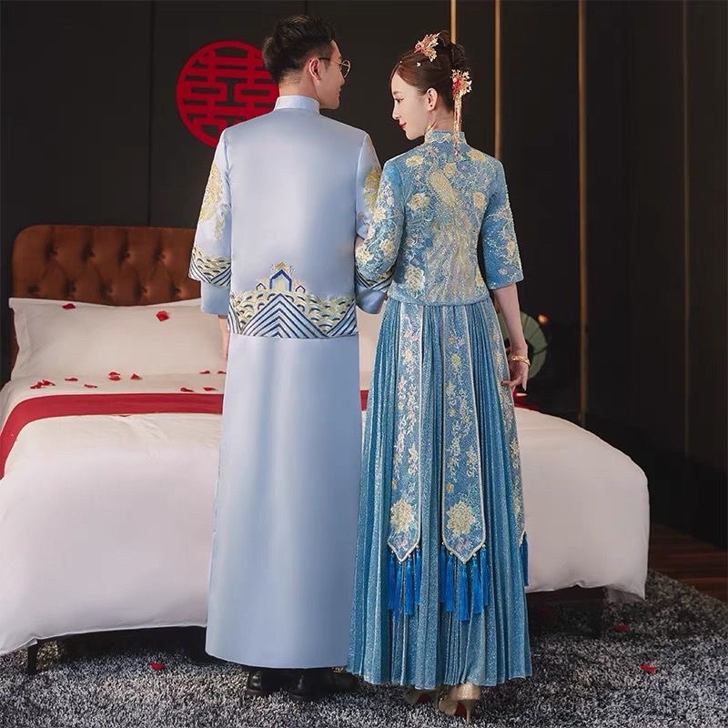 Hỉ phục cưới trung quốc nam nữ màu xanh ( sẵn )