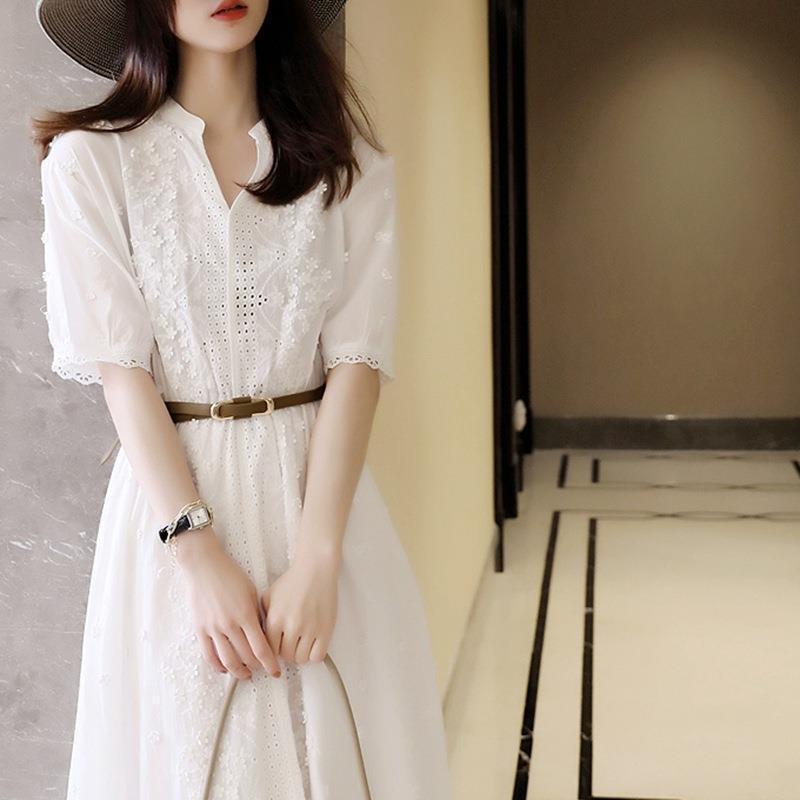 Trắng rỗng ren hẹp-waisted dress dài quần áo của phụ nữ hẹp-waisted fairy super fairy skirt ekhb