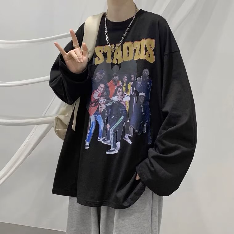 Áo Thun Tay Dài Cổ Thuyền Dáng Rộng In Chữ Hoạt Hình Phong Cách Hàn Quốc Thời Trang Cho Nam Và Nữ Size M-5XL