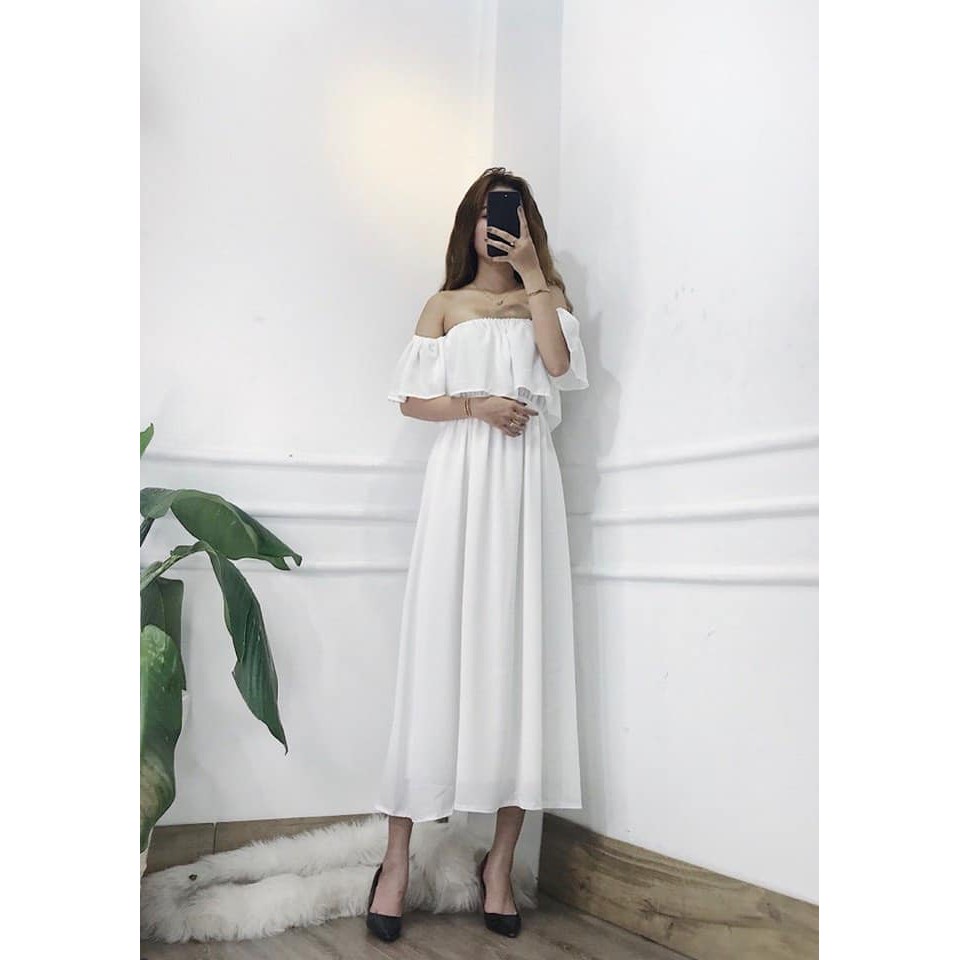 [Freeship toàn quốc] Đầm maxi trắng trễ vai đi biển tay luồn đáng yêu | BigBuy360 - bigbuy360.vn