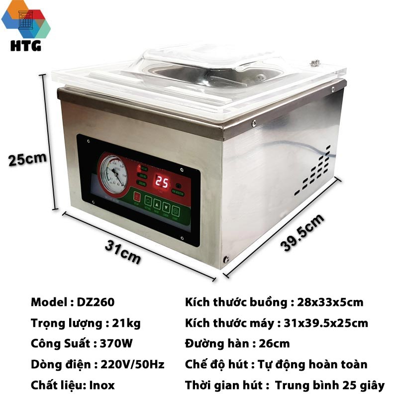 Máy hút chân không công nghiệp để bàn Vacuum Packer, hoàn toàn tự động, hút mạnh mẽ độ chân không đạt -1Mpa, vỏ Inox