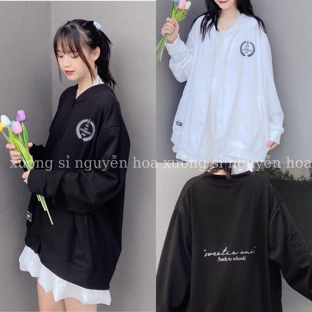 Áo khoác cadigan áo cadigan nỉ huy hiệu form dáng unisex nam nữ mặc được 2 màu trắng/đen Xưởng Sỉ Nguyễn Hoa