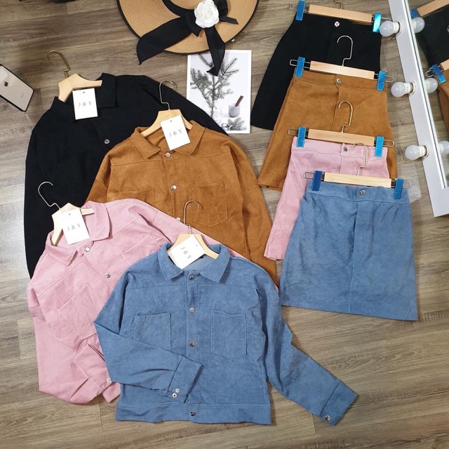 Tb  - Set áo khoác croptop chân váy Nhung tăm