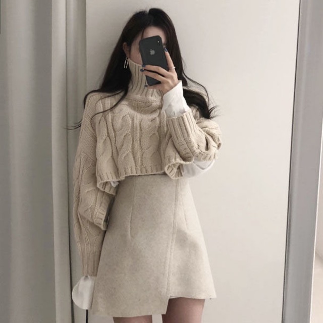 Sét áo len croptop + chân váy vạt lệch