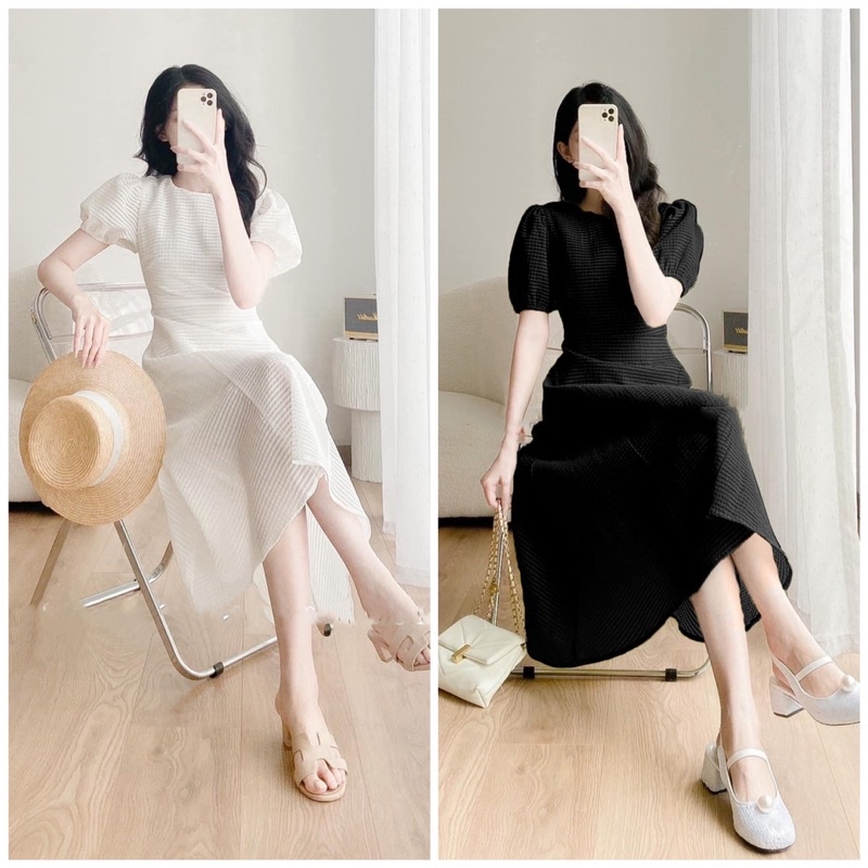 ĐẦM MIDI CỔ TRÒN TAY BỒNG