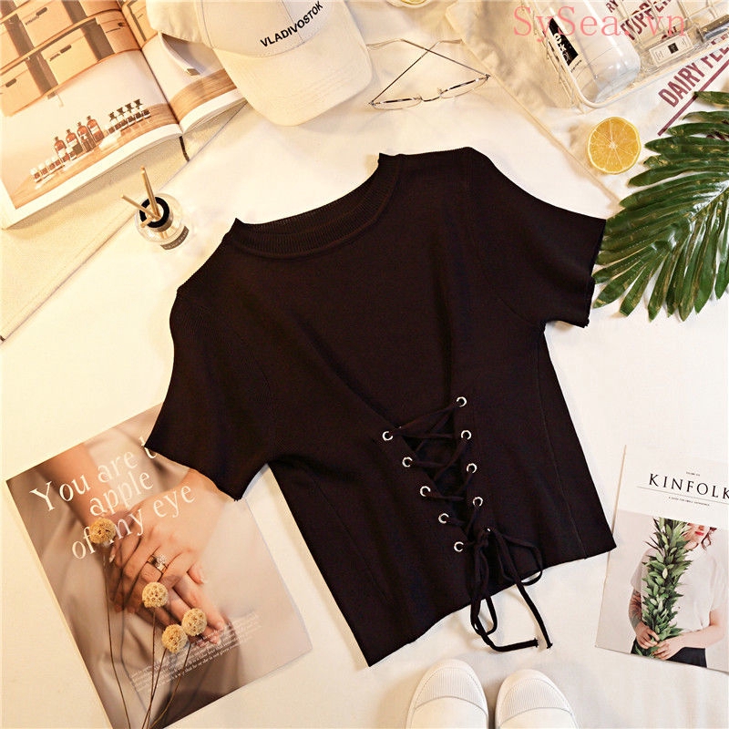 Áo Croptop Dệt Kim Tay Ngắn Thiết Kế Đơn Giản Hợp Thời Trang