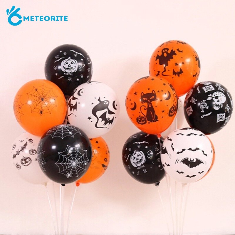 Set 10 Bong Bóng Màu Cam Đen / Đen Độc Đáo Trang Trí Tiệc Halloween