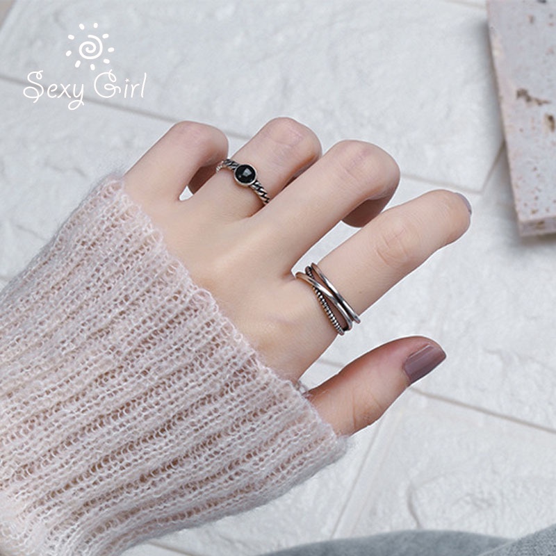 Nhẫn đeo ngón tay hai lớp dạng mở có thể điều chỉnh hình dấu chéo kẻ sọc đen phong cách Hip-hop Hàn Quốc đơn giản retro