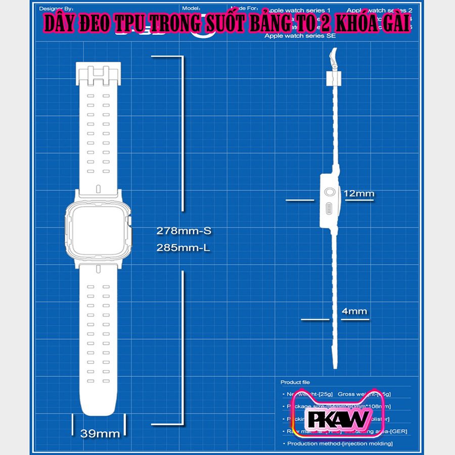 Dây Đeo liền ốp cho Apple Watch 7/6/5/4/3/2/1 size 38/40/41/42/44/45mm nhựa TPU 2 khóa gài_Đen Trong