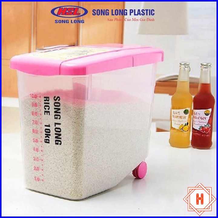 Song Long Plastic Thùng đựng gạo có nắp 10kg, 15kg nhựa cao cấp có bánh xe { H }