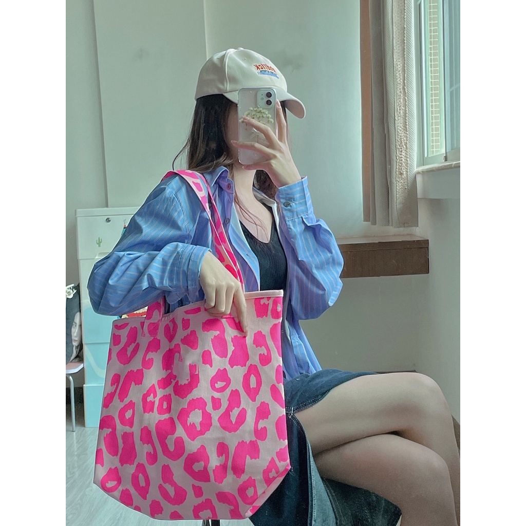 Túi Xách canvas Sức Chứa Lớn In Họa Tiết Da Báo Hồng Phong Cách Hàn Quốc Hàng Mới 2022 Dành Cho Nữ
