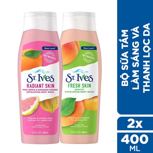 Bộ Sữa tắm làm sáng và thanh lọc da St.Ives: Hương Cam Chanh + Chiết Xuất Trái Mơ (400ml x 2)