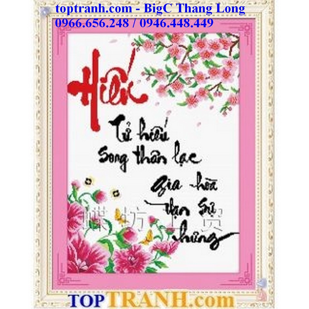 tranh thêu chữ thập chữ Hiếu và hoa đào 222417