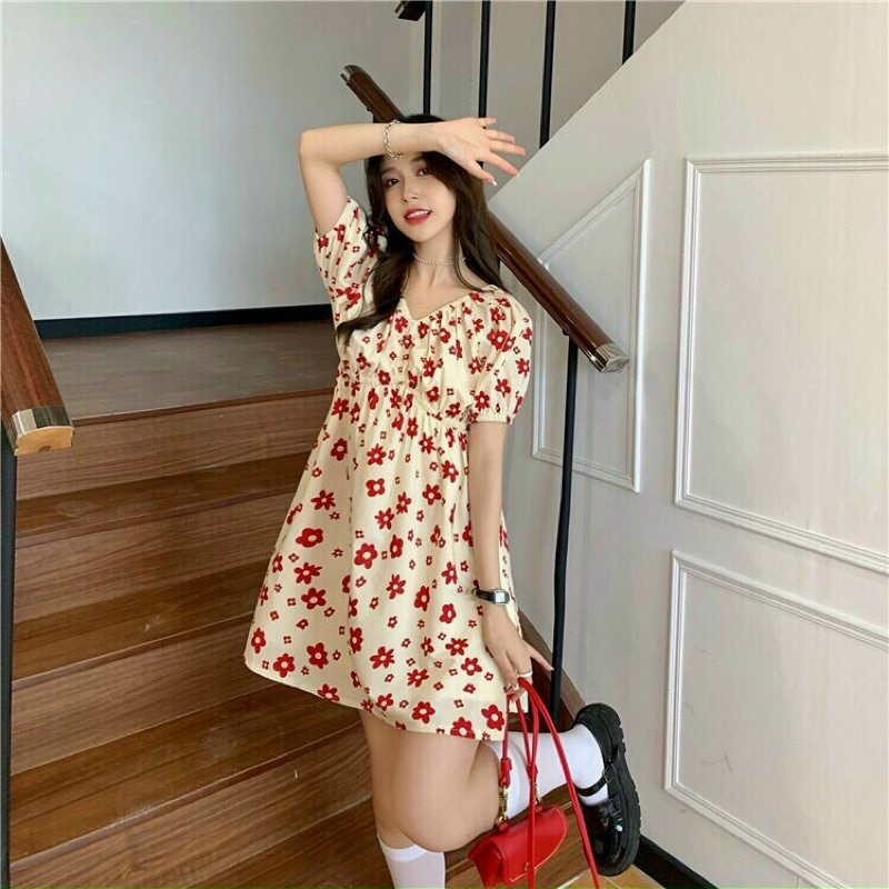 ĐẦM HOA NHÍ BABYDOLL TAY PHỒNG HÀN QUỐC CỔ VUÔNG DỄ THƯƠNG DÁNG VÁY XÒE MÀU SẮC NHẸ NHÀNG XINH XẮN