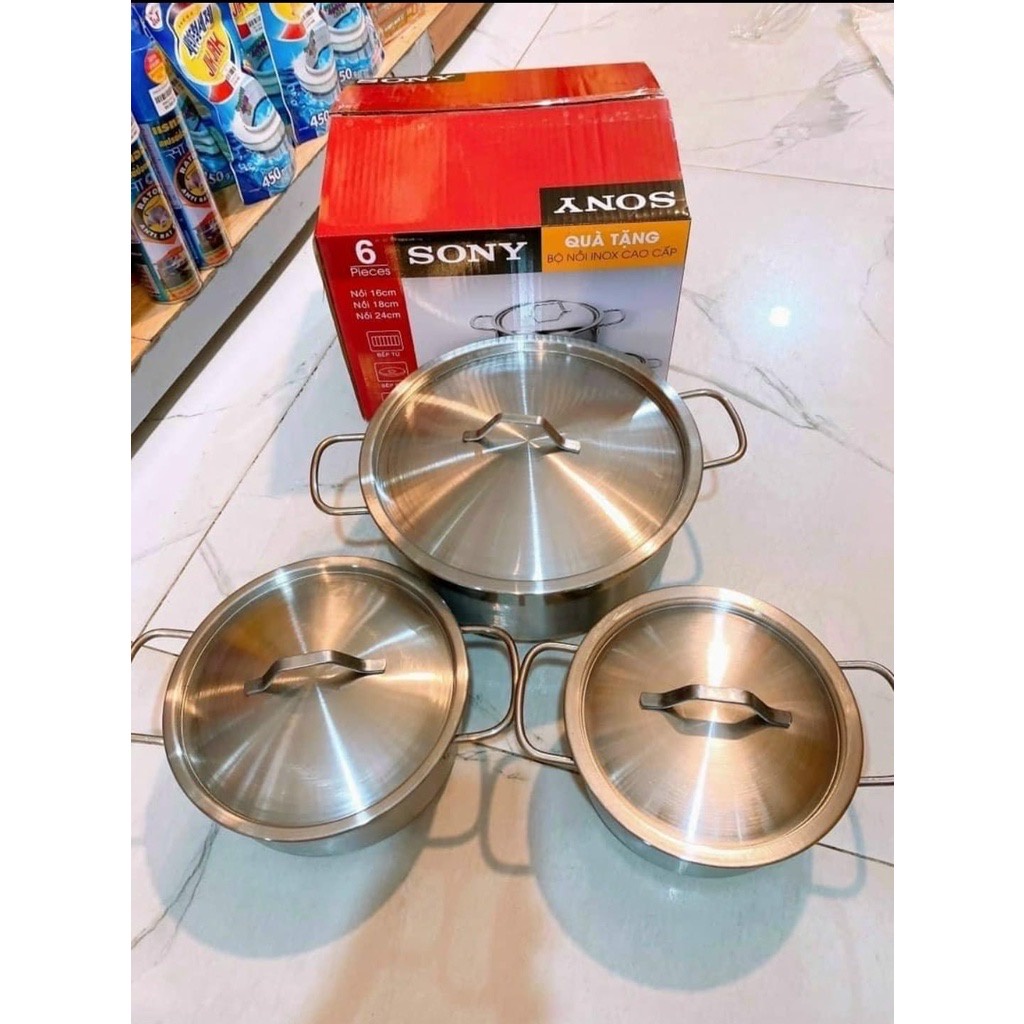 Bộ 3 nồi inox Sony cao cấp, nồi inox nấu bếp điện từ, hồng ngoại, bếp gas