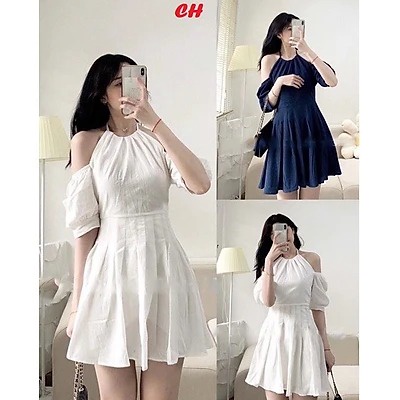 Váy cổ yếm buộc dây tiểu thư tay phồng, váy trắng/đen dáng xòe dự tiệc DC-0053-babytee