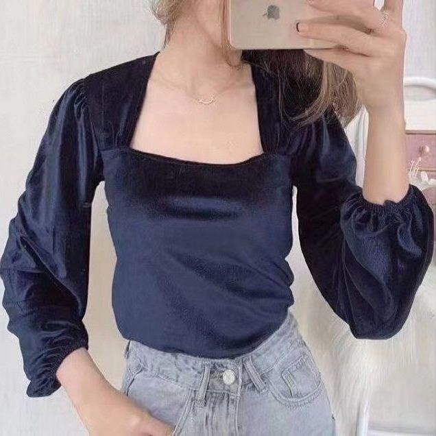 Áo Nhung Tay Dài Phồng Cổ Vuông Thời Trang Mùa Thu 2022 Dành Cho Nữ