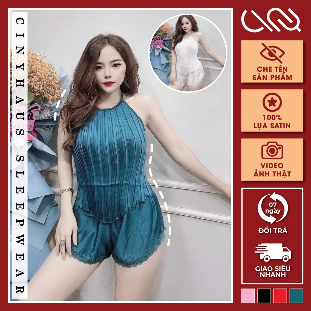Đồ Ngủ Sexy Yếm Dập Ly Chất Liệu Lụa Satin Kèm Quần Ren Gợi Cảm Freesize 40-65kg - CN001 CINY