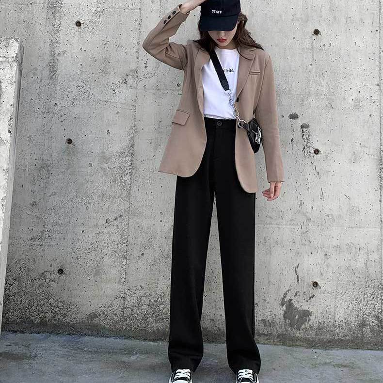 Quần ống rộng lưng cao màu đen phong cách Hàn Quốc thời trang xuân thu dành cho bạn nữ