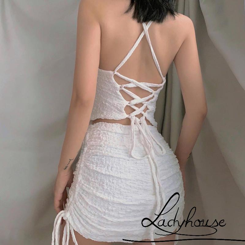 Bộ Trang Phục Hai Mảnh Gồm Áo Hai Dây Màu Trơn Và Chân Váy Dây Rút Màu Đen/Trắng Thời Trang Quyến Rũ Cho Nữ