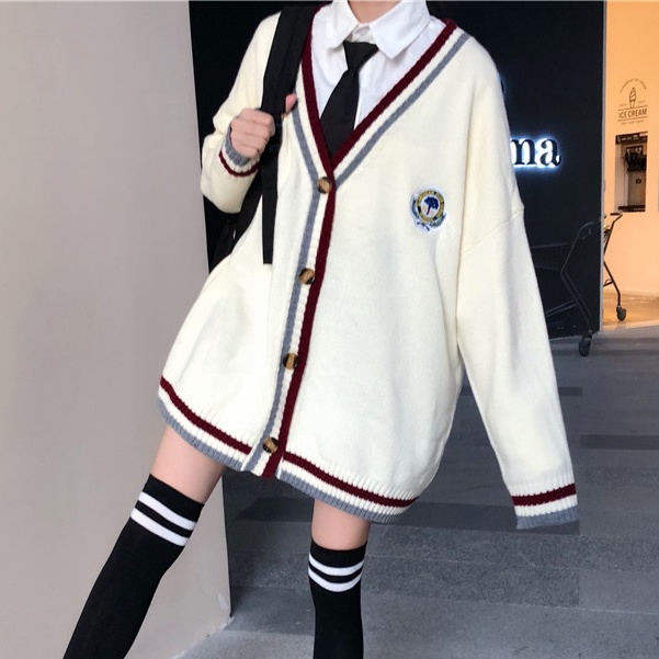 Áo cardigan nữ len cổ V oversize ulzzang unisex hàn quốc, Áo cardigan khoác ngoài nữ len viền kẻ phối logo học sinh 2022