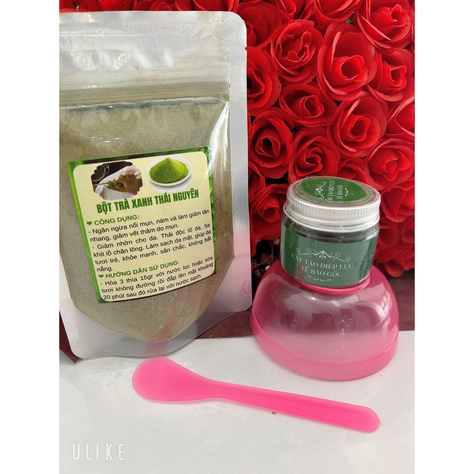 Cấy tảo diệp lục tế bào gốc tặng trà xanh 100g, bát thìa, cọ