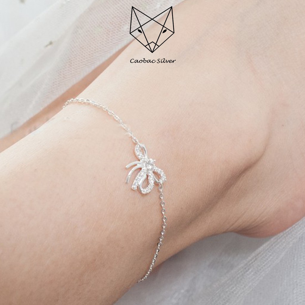 Vòng Tay Lắc Chân Bạc Caobac Silver S925 Họa Tiết Nơ Đính Đá Dây Xích Cho Nữ