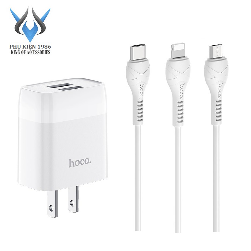 Cốc sạc 2 cổng và Bộ cốc cáp sạc Hoco C73 Glorious 2.4A - chân Lightning / Micro-USB / Type-C (Trắng)